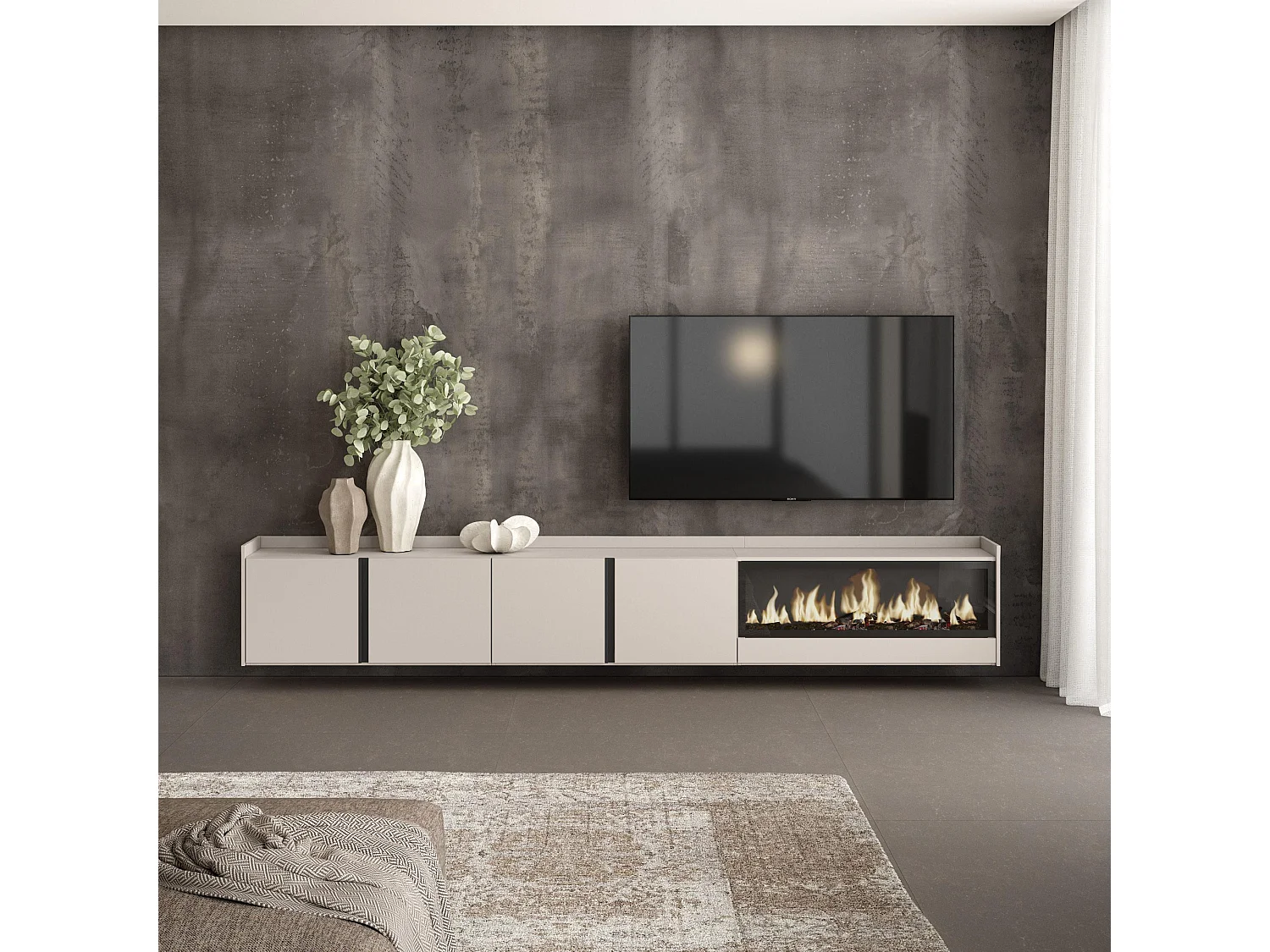 Meuble TV, Banc Télé, 315x50x35 cm, Pour les TV jusqu'à 80", Cheminée électrique XXL, Suspendu, Mural, Beige