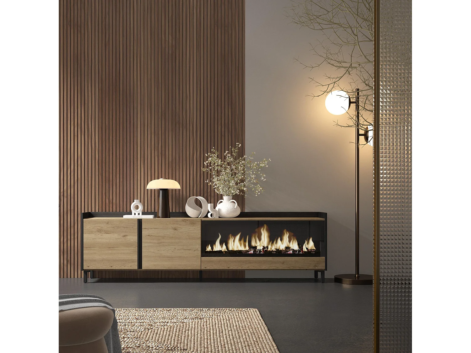 Mueble TV, Televisión, 212x61x35 cm, Para TV hasta 80", Chimenea eléctrica XXL, Diseño industrial, Roble y negro