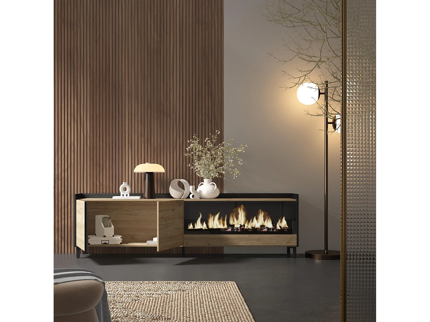 Mueble TV, Televisión, 212x61x35 cm, Para TV hasta 80", Chimenea eléctrica XXL, Diseño industrial, Roble y negro
