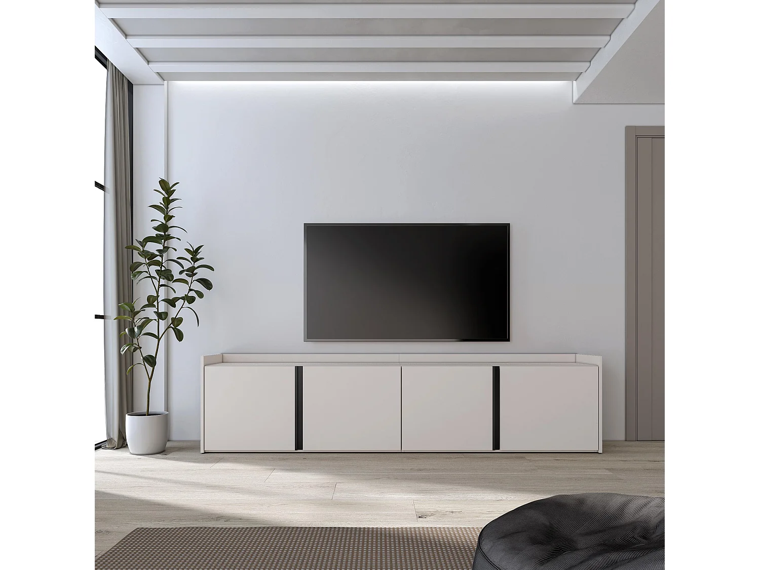 TV-Schrank, Lowboard, 207x50x35 cm, Für TV-Geräte bis zu 80", Fernsehtisch, Beige