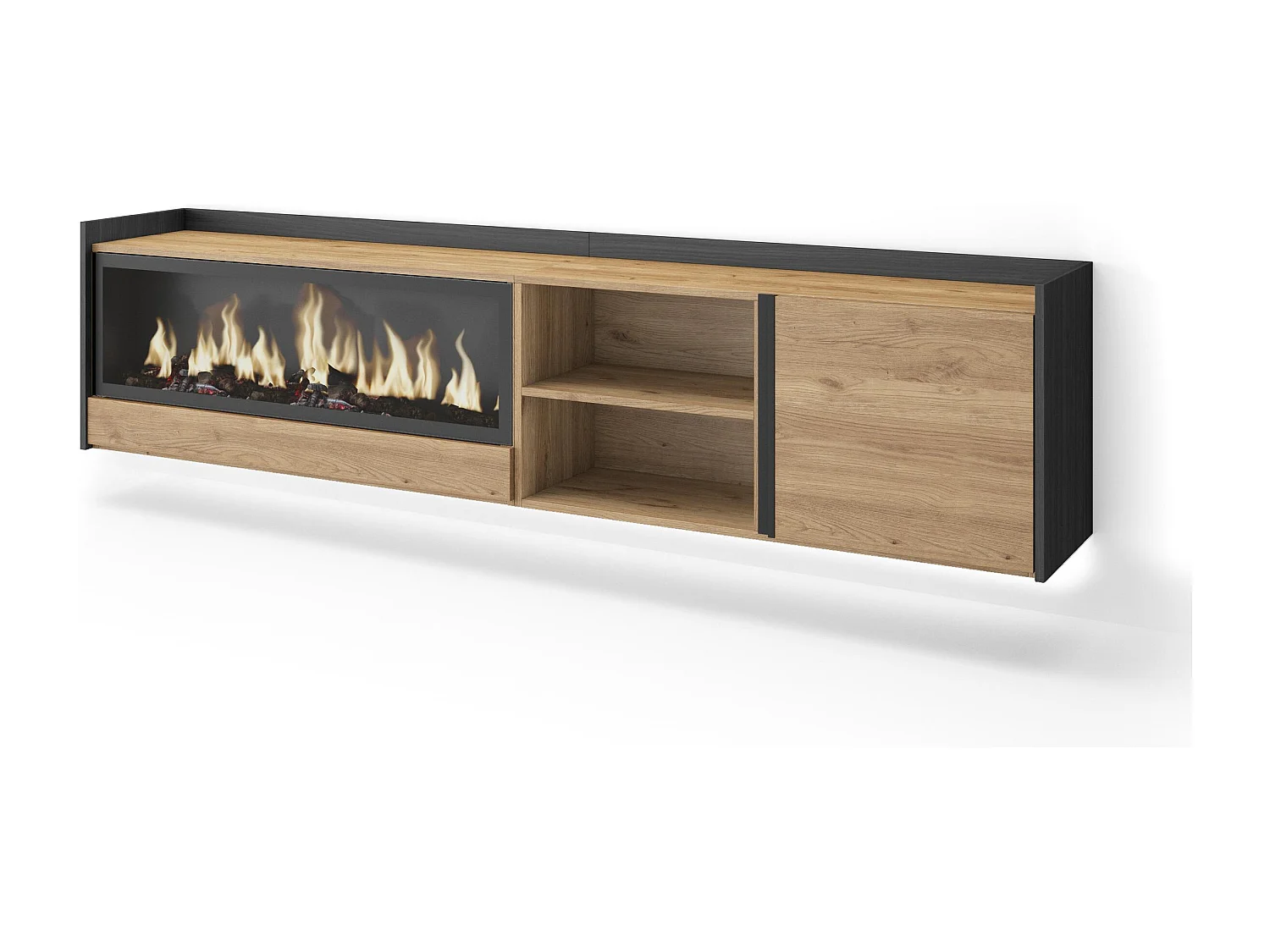 TV-Schrank, Lowboard, 212x50x35 cm, Für TV-Geräte bis zu 80", Elektrokamin XXL, Hängend, LED, Eiche Schwarz