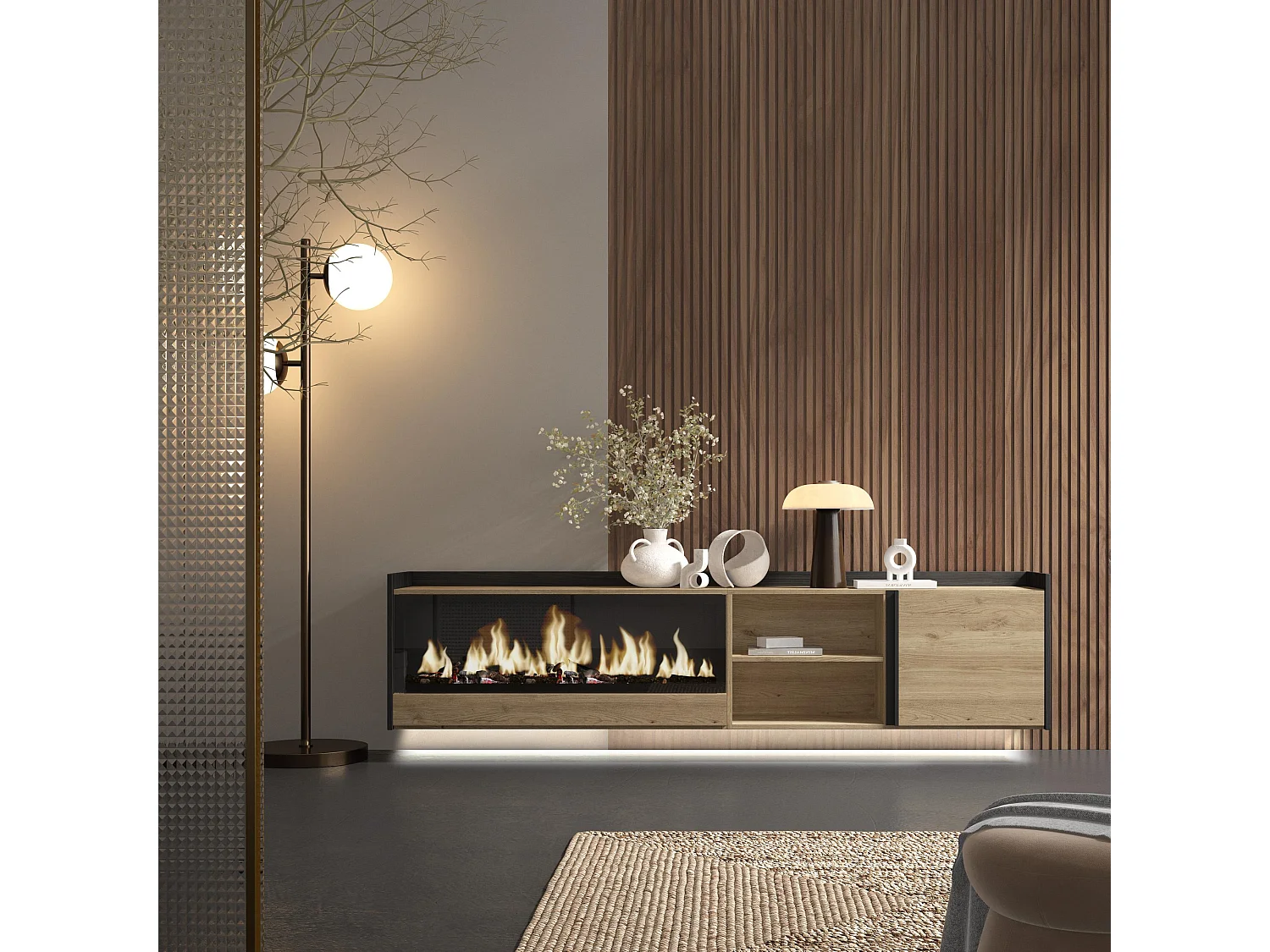 TV-Schrank, Lowboard, 212x50x35 cm, Für TV-Geräte bis zu 80", Elektrokamin XXL, Hängend, LED, Eiche Schwarz