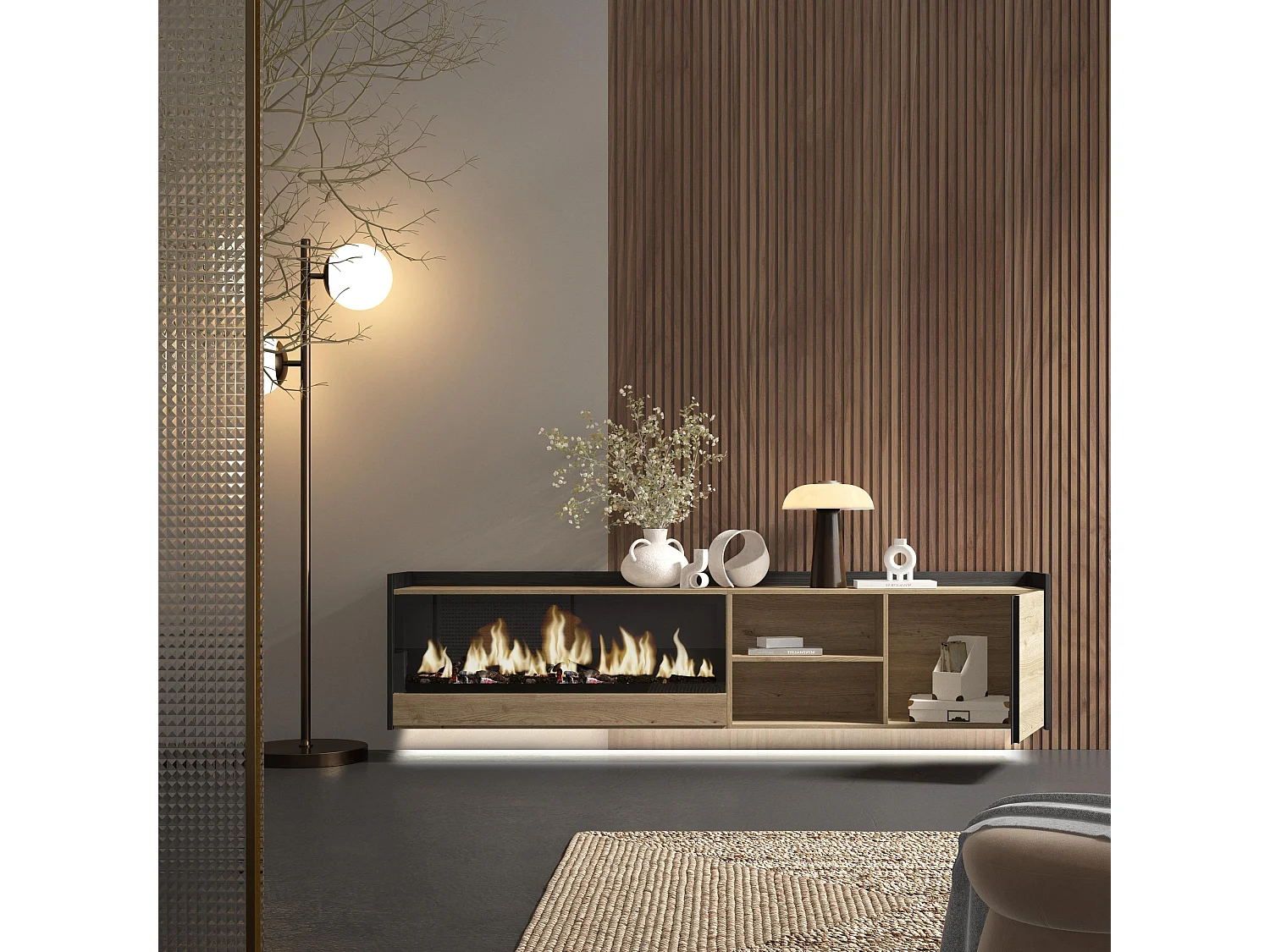 TV-Schrank, Lowboard, 212x50x35 cm, Für TV-Geräte bis zu 80", Elektrokamin XXL, Hängend, LED, Eiche Schwarz