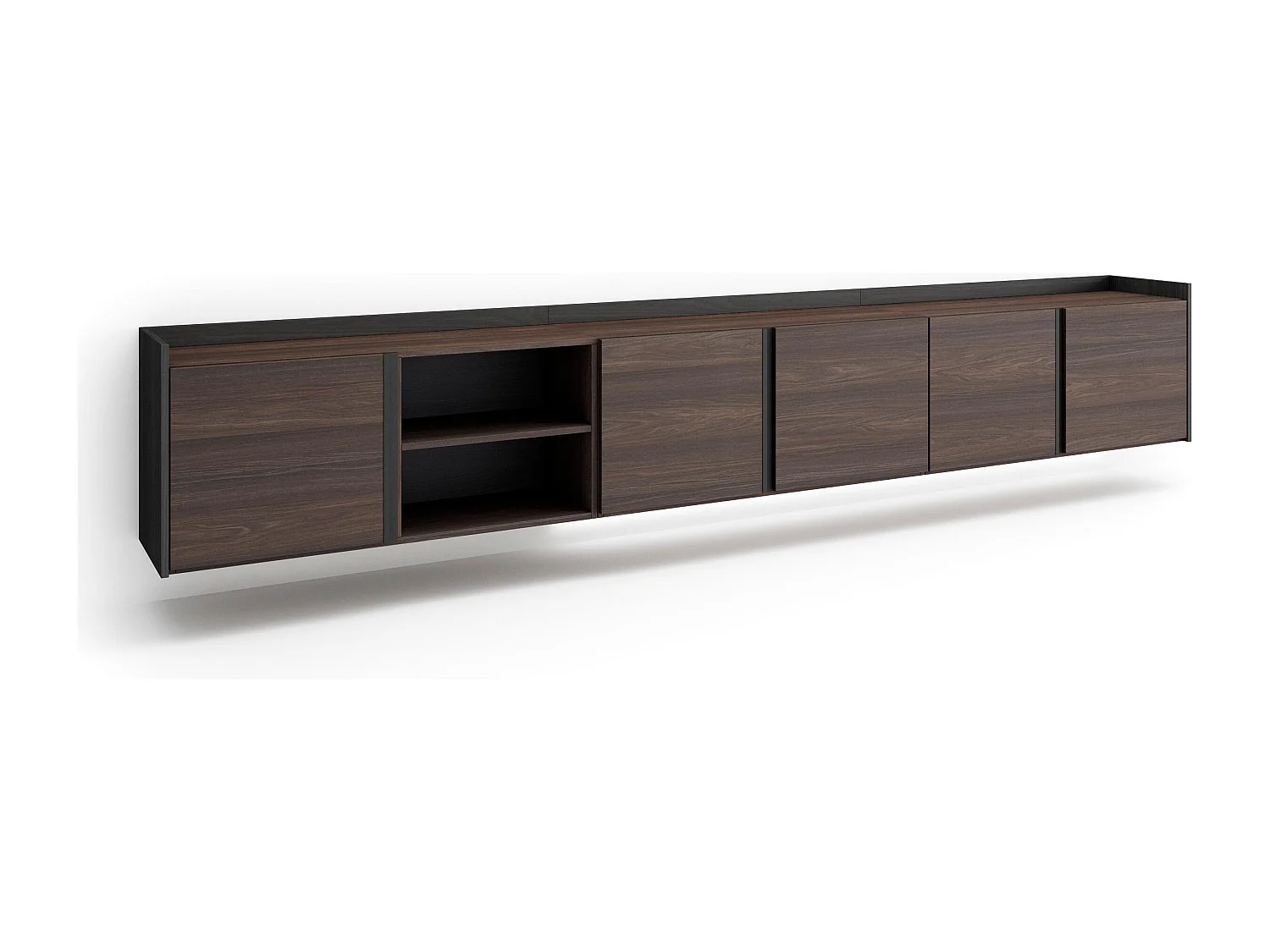 TV-Schrank, Lowboard, 309x50x35 cm, Für TV-Geräte bis zu 80", Hängend, LED, Dunkler Eiche und Schwarz