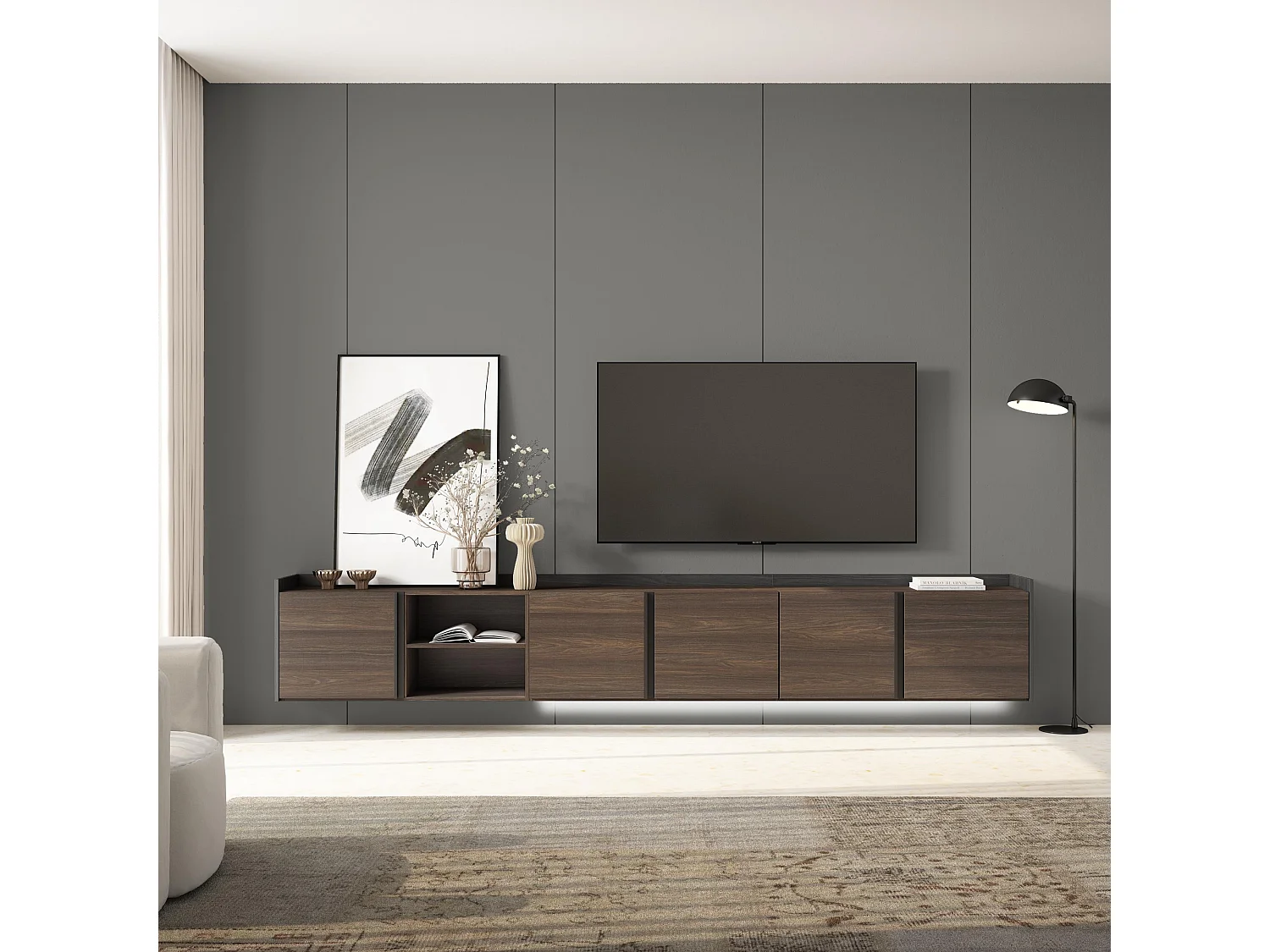 TV-Schrank, Lowboard, 309x50x35 cm, Für TV-Geräte bis zu 80", Hängend, LED, Dunkler Eiche und Schwarz