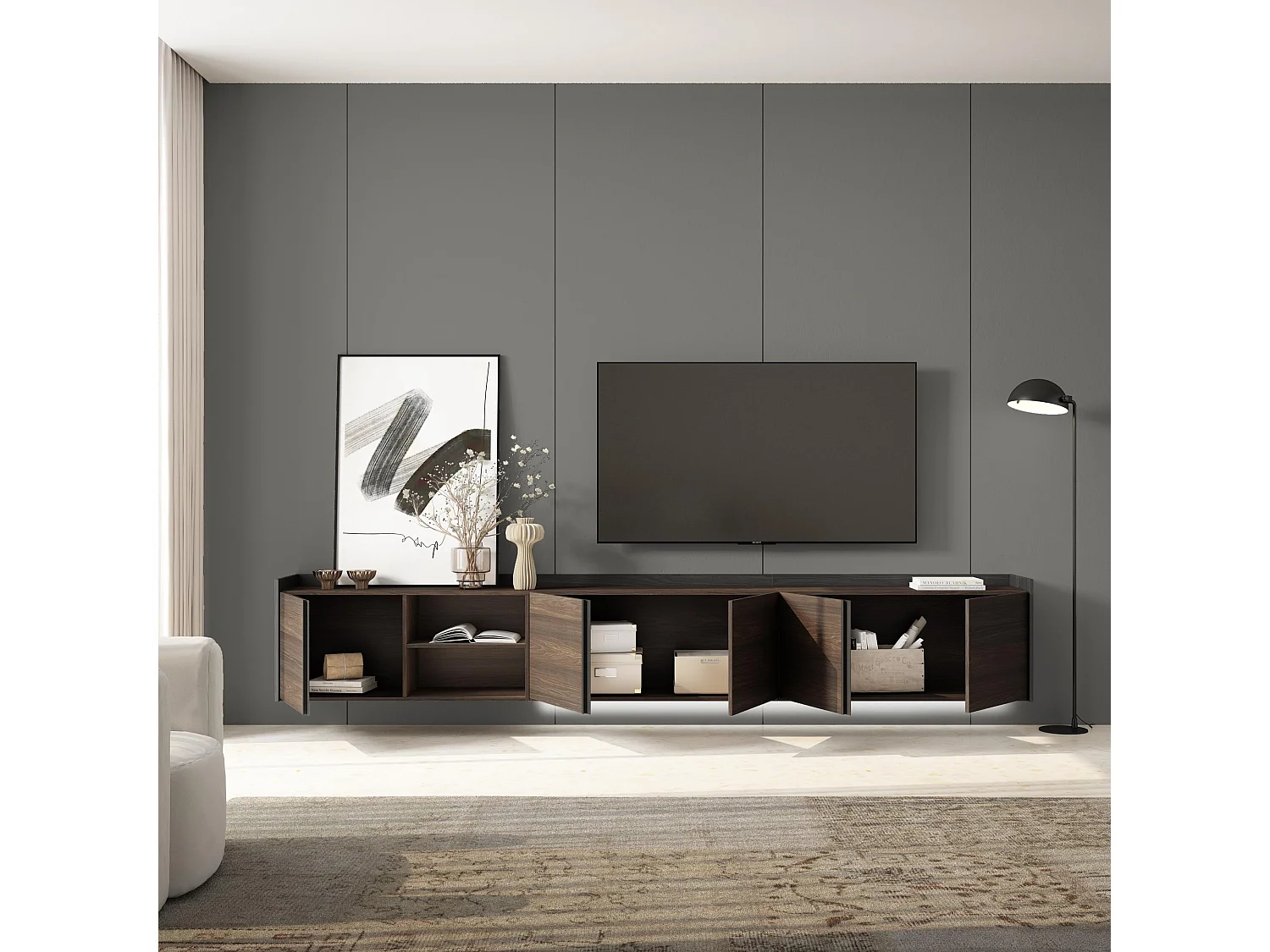 TV-Schrank, Lowboard, 309x50x35 cm, Für TV-Geräte bis zu 80", Hängend, LED, Dunkler Eiche und Schwarz