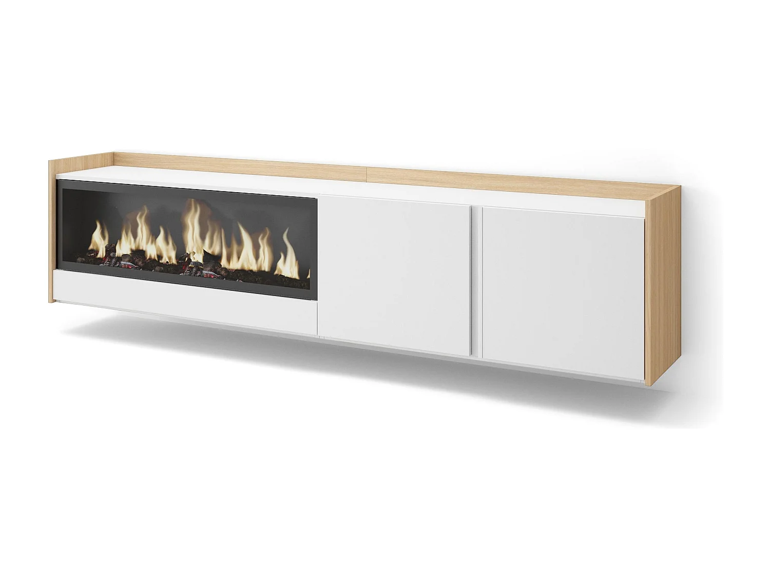 TV-Schrank, Lowboard, 212x50x35 cm, Für TV-Geräte bis zu 80", Elektrokamin XXL, Hängend, Weiß und Eiche Soft