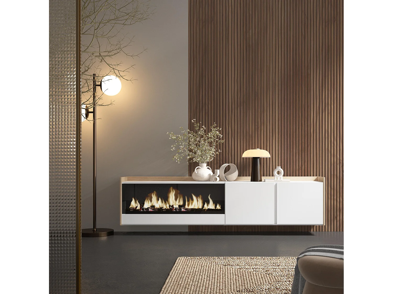 TV-Schrank, Lowboard, 212x50x35 cm, Für TV-Geräte bis zu 80", Elektrokamin XXL, Hängend, Weiß und Eiche Soft