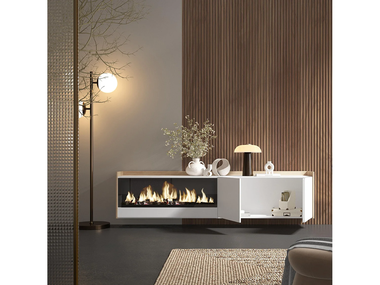 TV-Schrank, Lowboard, 212x50x35 cm, Für TV-Geräte bis zu 80", Elektrokamin XXL, Hängend, Weiß und Eiche Soft