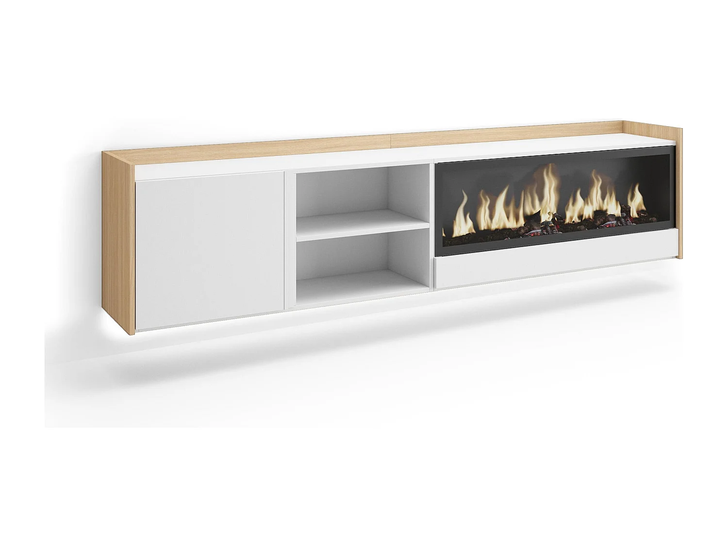 TV-Schrank, Lowboard, 212x50x35 cm, Für TV-Geräte bis zu 80", Elektrokamin XXL, Hängend, LED, Weiß und Eiche Soft