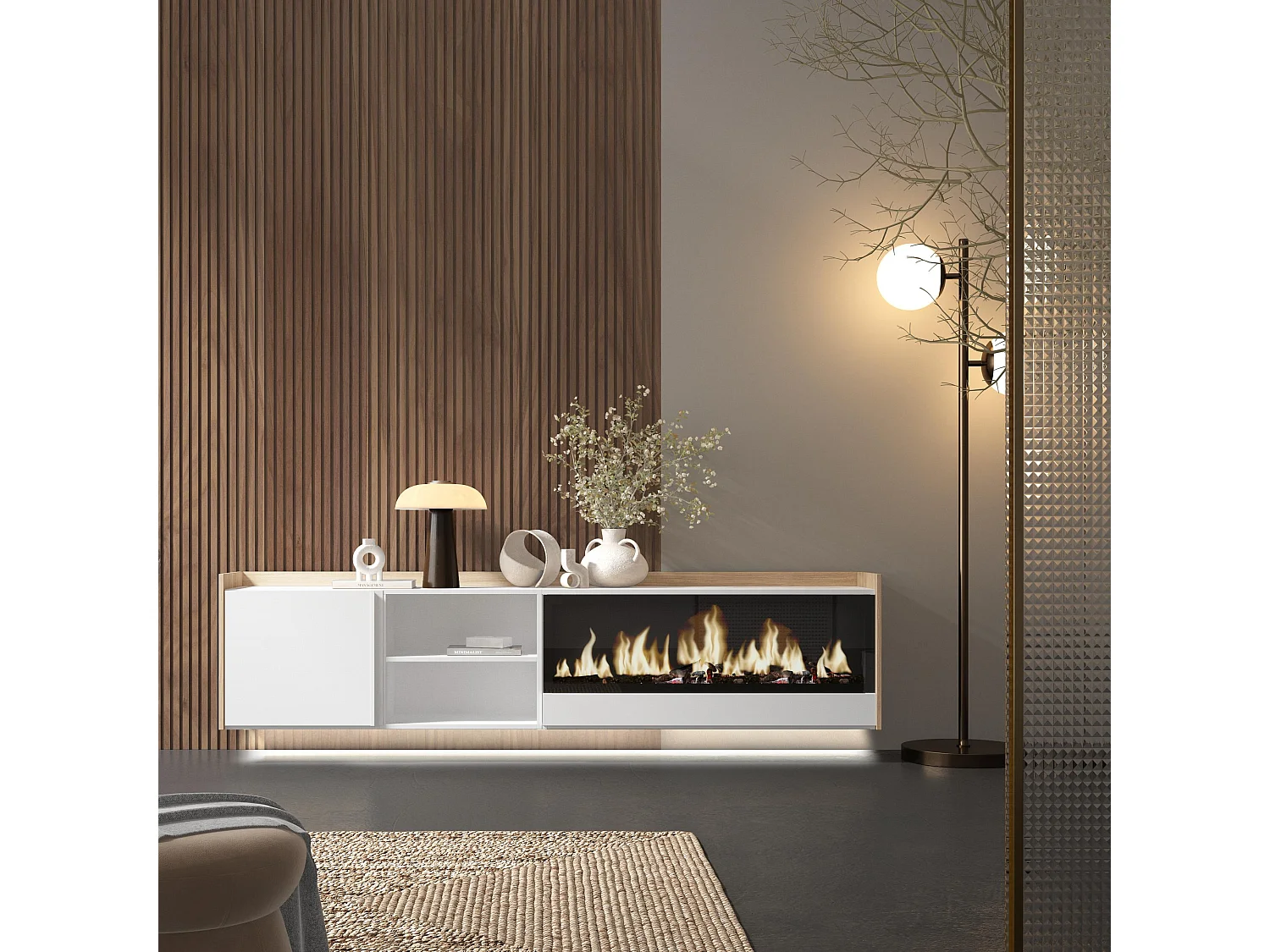 TV-Schrank, Lowboard, 212x50x35 cm, Für TV-Geräte bis zu 80", Elektrokamin XXL, Hängend, LED, Weiß und Eiche Soft