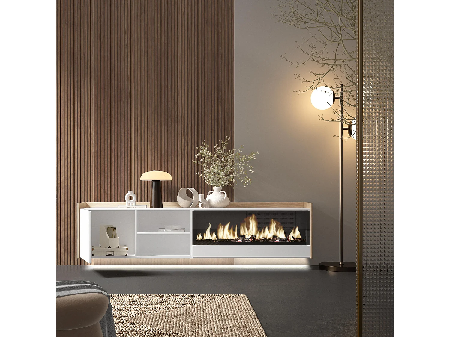 TV-Schrank, Lowboard, 212x50x35 cm, Für TV-Geräte bis zu 80", Elektrokamin XXL, Hängend, LED, Weiß und Eiche Soft