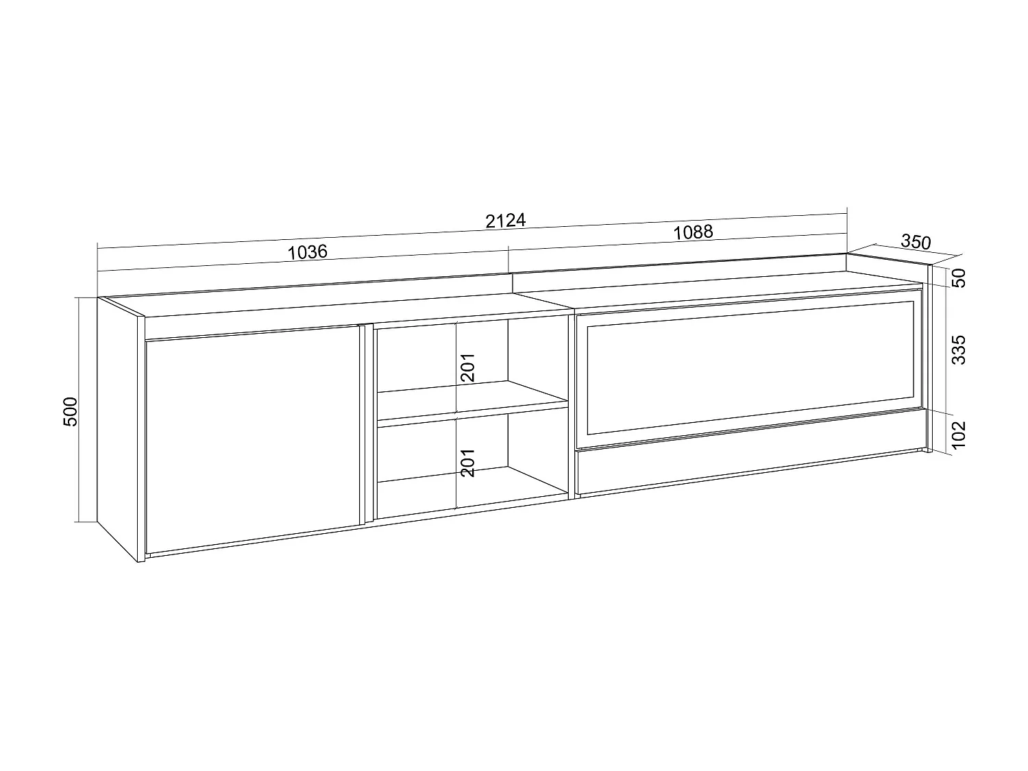 TV-Schrank, Lowboard, 212x50x35 cm, Für TV-Geräte bis zu 80", Elektrokamin XXL, Hängend, LED, Weiß und Eiche Soft