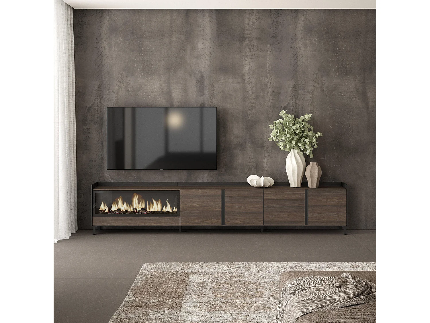TV-Meubel, Lowboard, 315x61x35 cm, Voor tv's tot 80", Elektrische haard XXL, Industrieel design, Donkere eik en Zwart