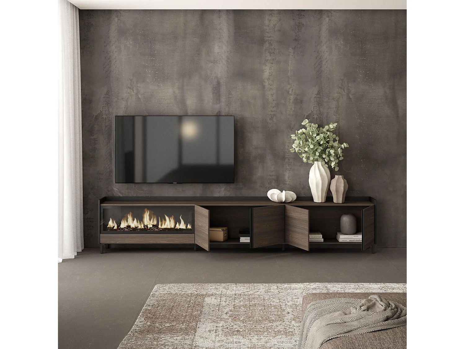 TV-Meubel, Lowboard, 315x61x35 cm, Voor tv's tot 80", Elektrische haard XXL, Industrieel design, Donkere eik en Zwart