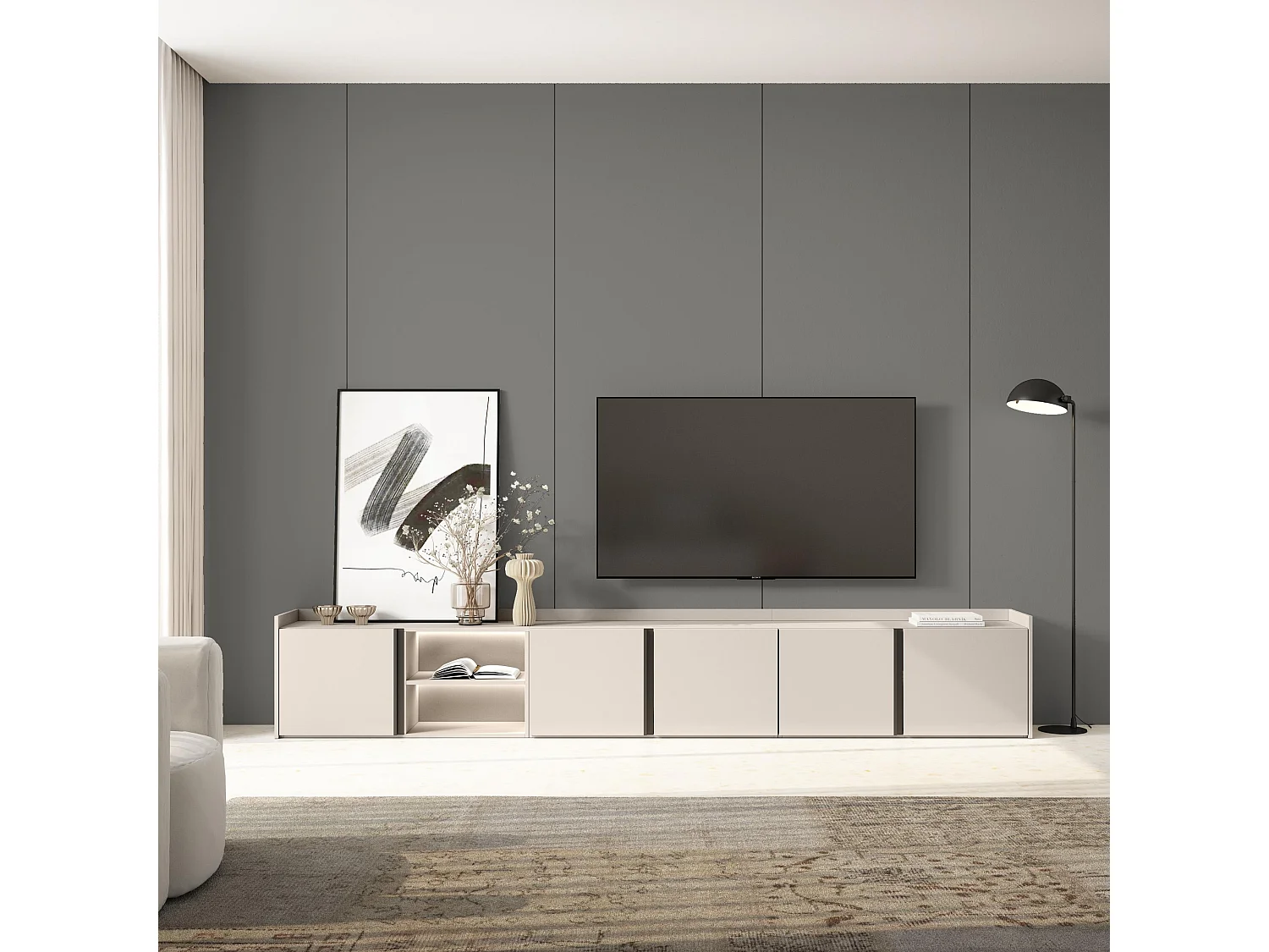 TV-Schrank, Lowboard, 309x50x35 cm, Für TV-Geräte bis zu 80", LED, Beige