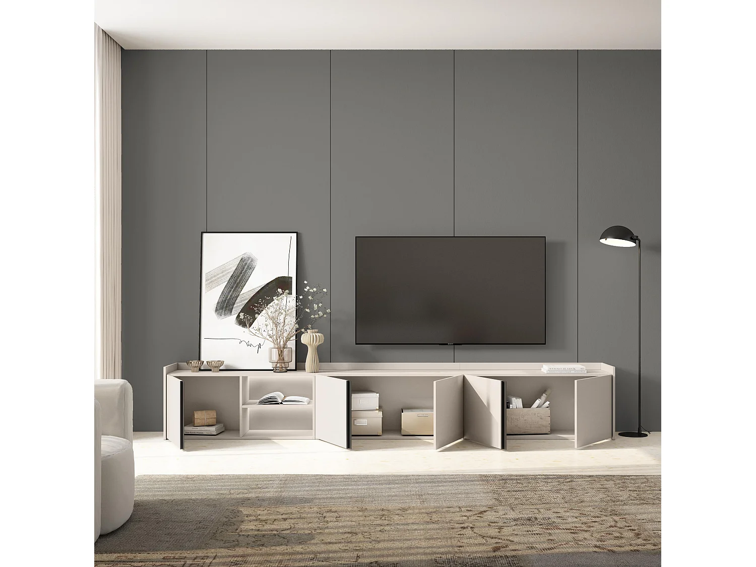 TV-Schrank, Lowboard, 309x50x35 cm, Für TV-Geräte bis zu 80", LED, Beige