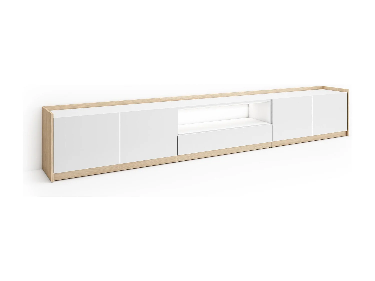 TV-Schrank, Lowboard, 310x50x37 cm, Für TV-Geräte bis zu 80", LED, Weiß und Eiche Soft