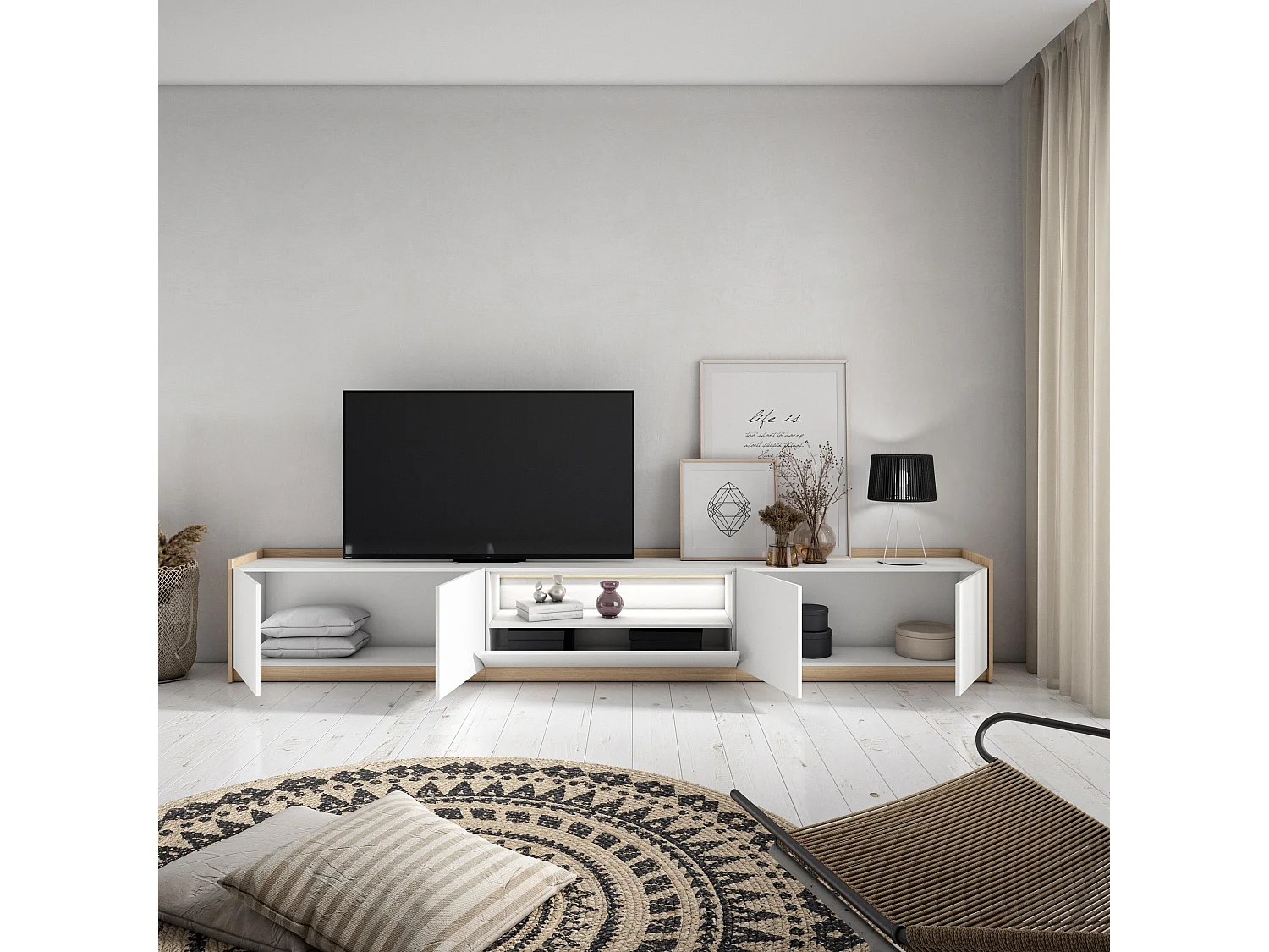 TV-Schrank, Lowboard, 310x50x37 cm, Für TV-Geräte bis zu 80", LED, Weiß und Eiche Soft