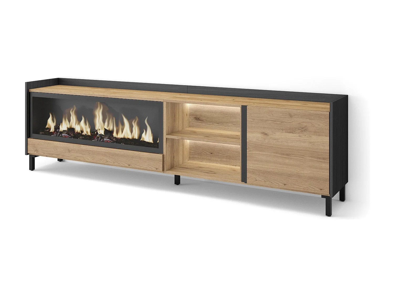 TV-Schrank, Lowboard, 212x61x35 cm, Für TV-Geräte bis zu 80", Elektrokamin XXL, Industriedesign, LED, Eiche Schwarz