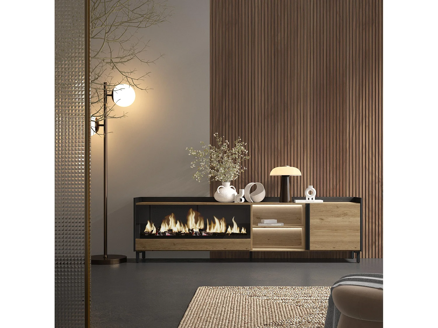 TV-Schrank, Lowboard, 212x61x35 cm, Für TV-Geräte bis zu 80", Elektrokamin XXL, Industriedesign, LED, Eiche Schwarz