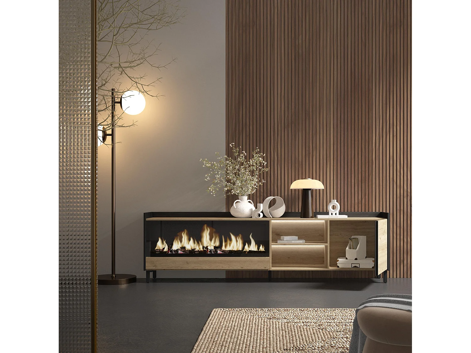 TV-Schrank, Lowboard, 212x61x35 cm, Für TV-Geräte bis zu 80", Elektrokamin XXL, Industriedesign, LED, Eiche Schwarz