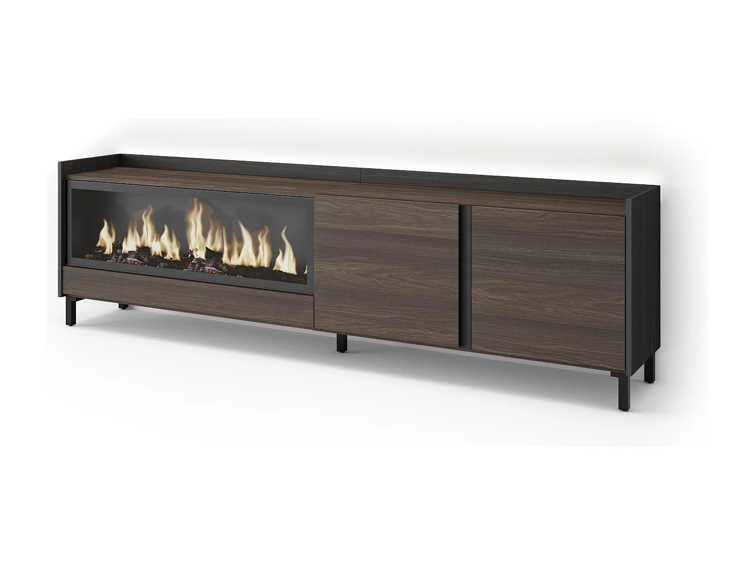 TV-Meubel, Lowboard, 212x61x35 cm, Voor tv's tot 80", Elektrische haard XXL, Industrieel design, LED, Donkere eik en Zwart