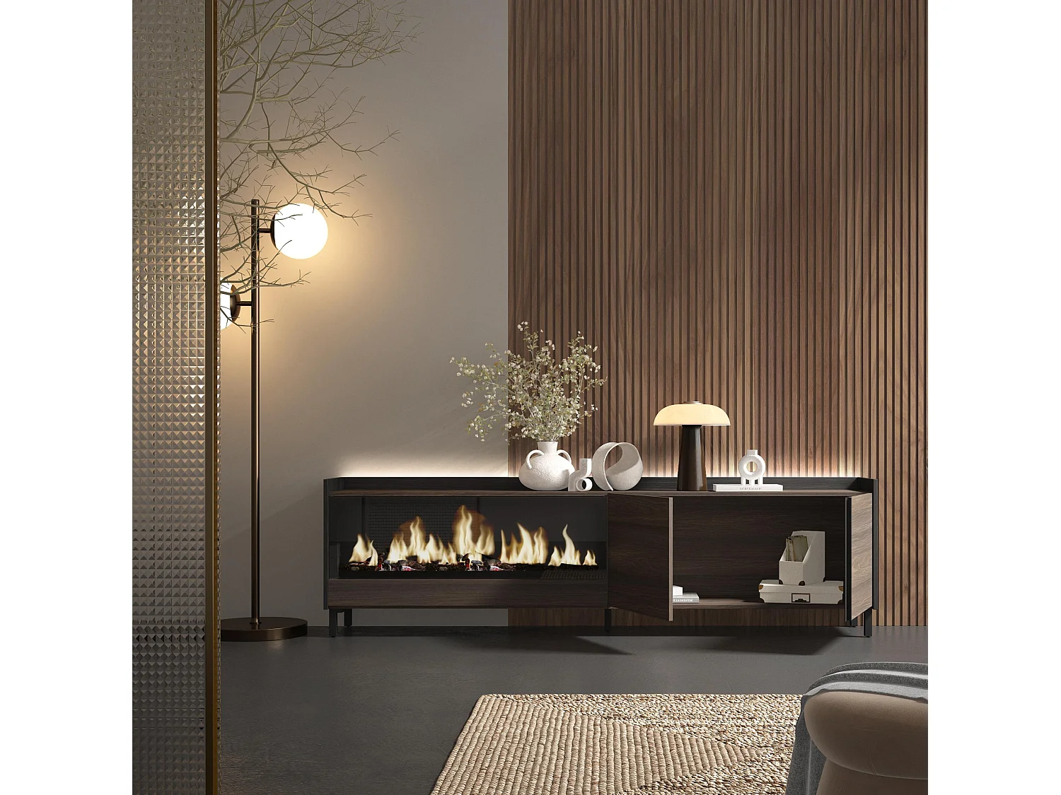 TV-Meubel, Lowboard, 212x61x35 cm, Voor tv's tot 80", Elektrische haard XXL, Industrieel design, LED, Donkere eik en Zwart