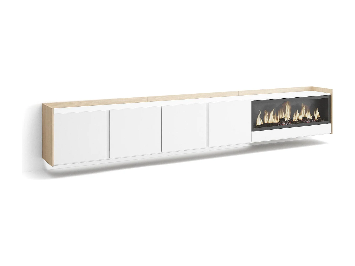TV-Meubel, Lowboard, 315x50x35 cm, Voor tv's tot 80", Elektrische haard XXL, Hangend, LED, Wit en Eiken soft