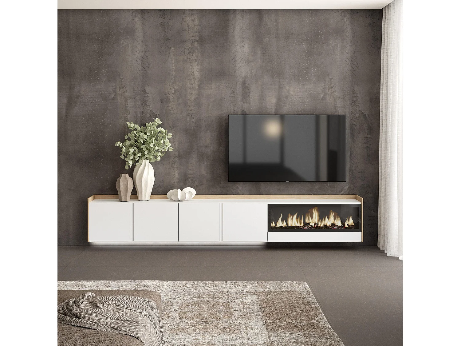TV-Meubel, Lowboard, 315x50x35 cm, Voor tv's tot 80", Elektrische haard XXL, Hangend, LED, Wit en Eiken soft