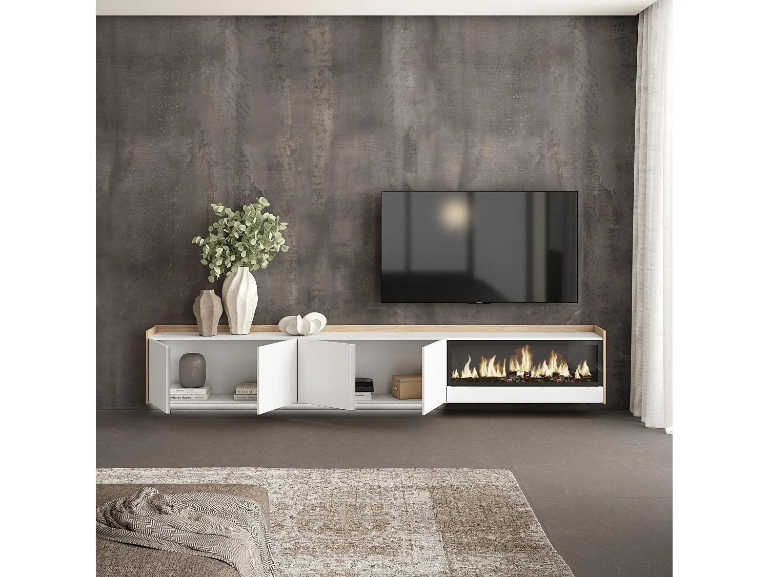 TV-Meubel, Lowboard, 315x50x35 cm, Voor tv's tot 80", Elektrische haard XXL, Hangend, LED, Wit en Eiken soft