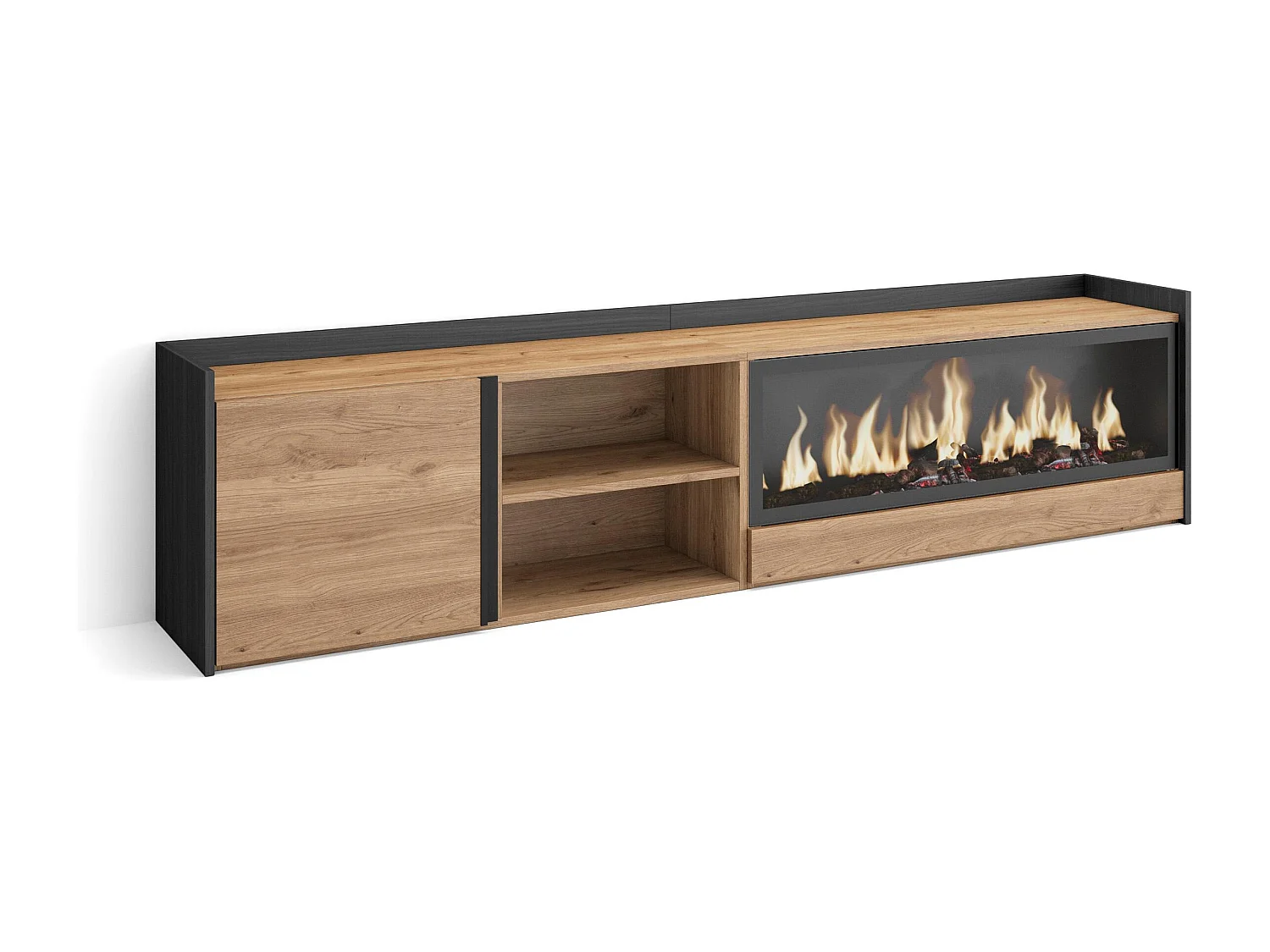 TV-Schrank - Lowboard - 212x50x35cm - Für TV-Geräte bis zu 80" - Elektrokamin XXL - Eiche Schwarz