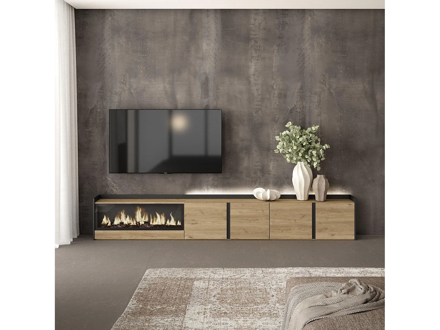 TV-Schrank, Lowboard, 315x50x35 cm, Für TV-Geräte bis zu 80", Elektrokamin XXL, LED, Eiche Schwarz