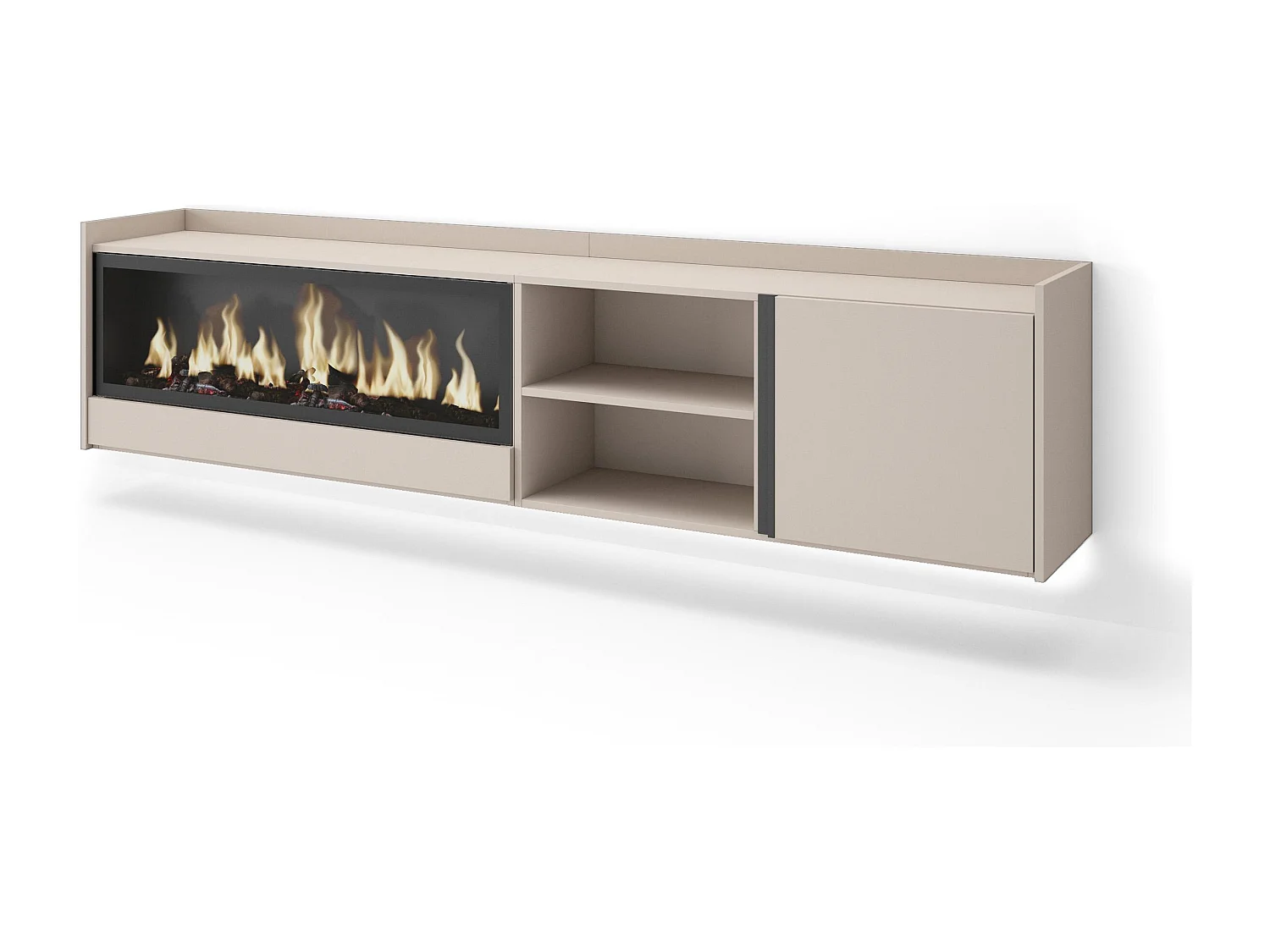 TV-Schrank, Lowboard, 212x50x35 cm, Für TV-Geräte bis zu 80", Elektrokamin XXL, Hängend, LED, Beige