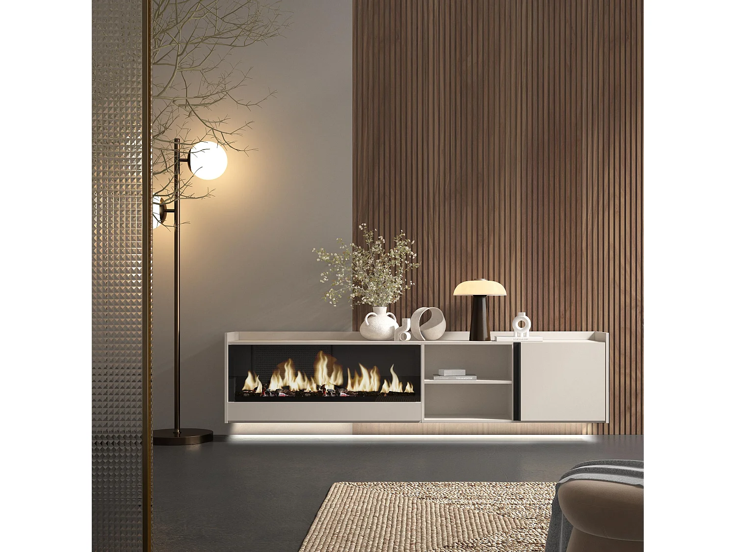 TV-Schrank, Lowboard, 212x50x35 cm, Für TV-Geräte bis zu 80", Elektrokamin XXL, Hängend, LED, Beige