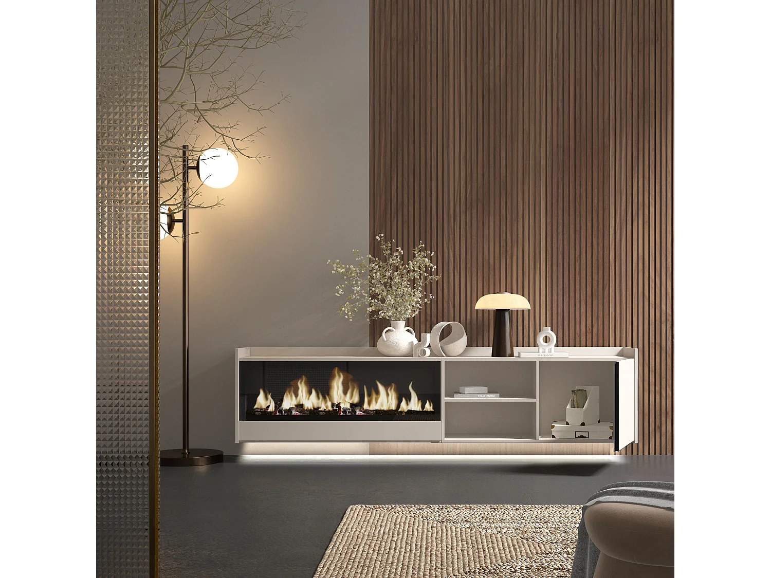 TV-Schrank, Lowboard, 212x50x35 cm, Für TV-Geräte bis zu 80", Elektrokamin XXL, Hängend, LED, Beige