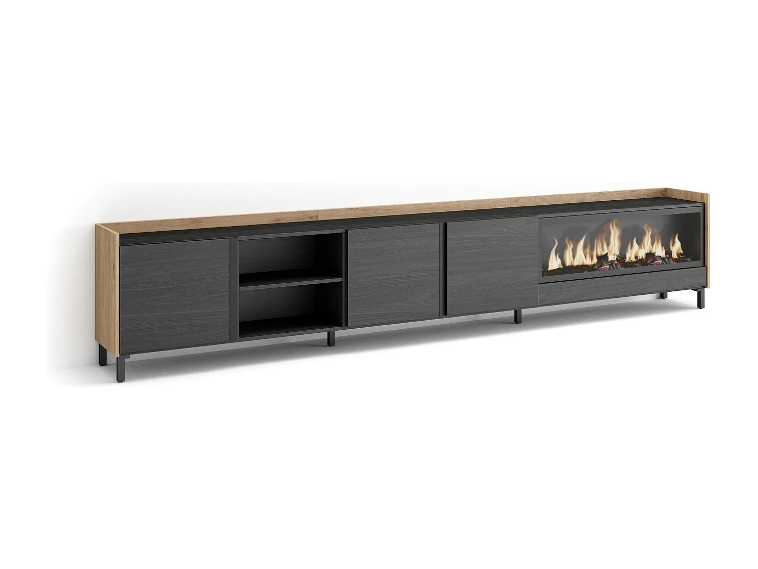 TV-Schrank, Lowboard, 315x61x35 cm, Für TV-Geräte bis zu 80", Elektrokamin XXL, Industriedesign, Schwarz Eiche