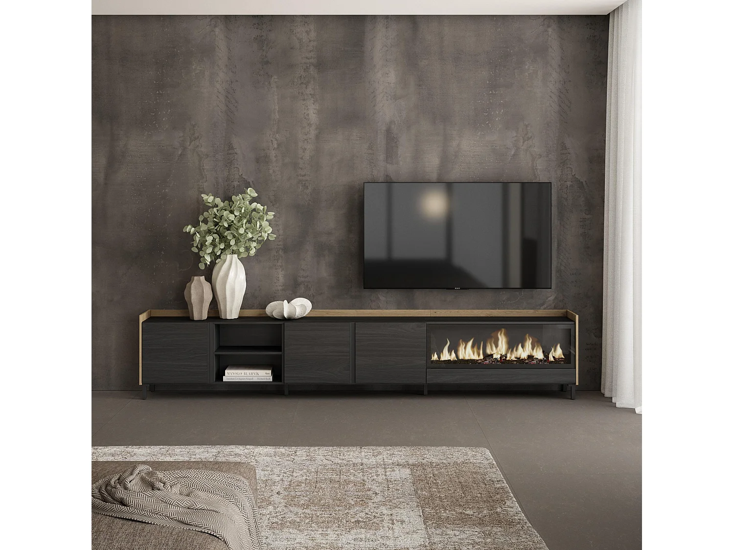 TV-Schrank, Lowboard, 315x61x35 cm, Für TV-Geräte bis zu 80", Elektrokamin XXL, Industriedesign, Schwarz Eiche