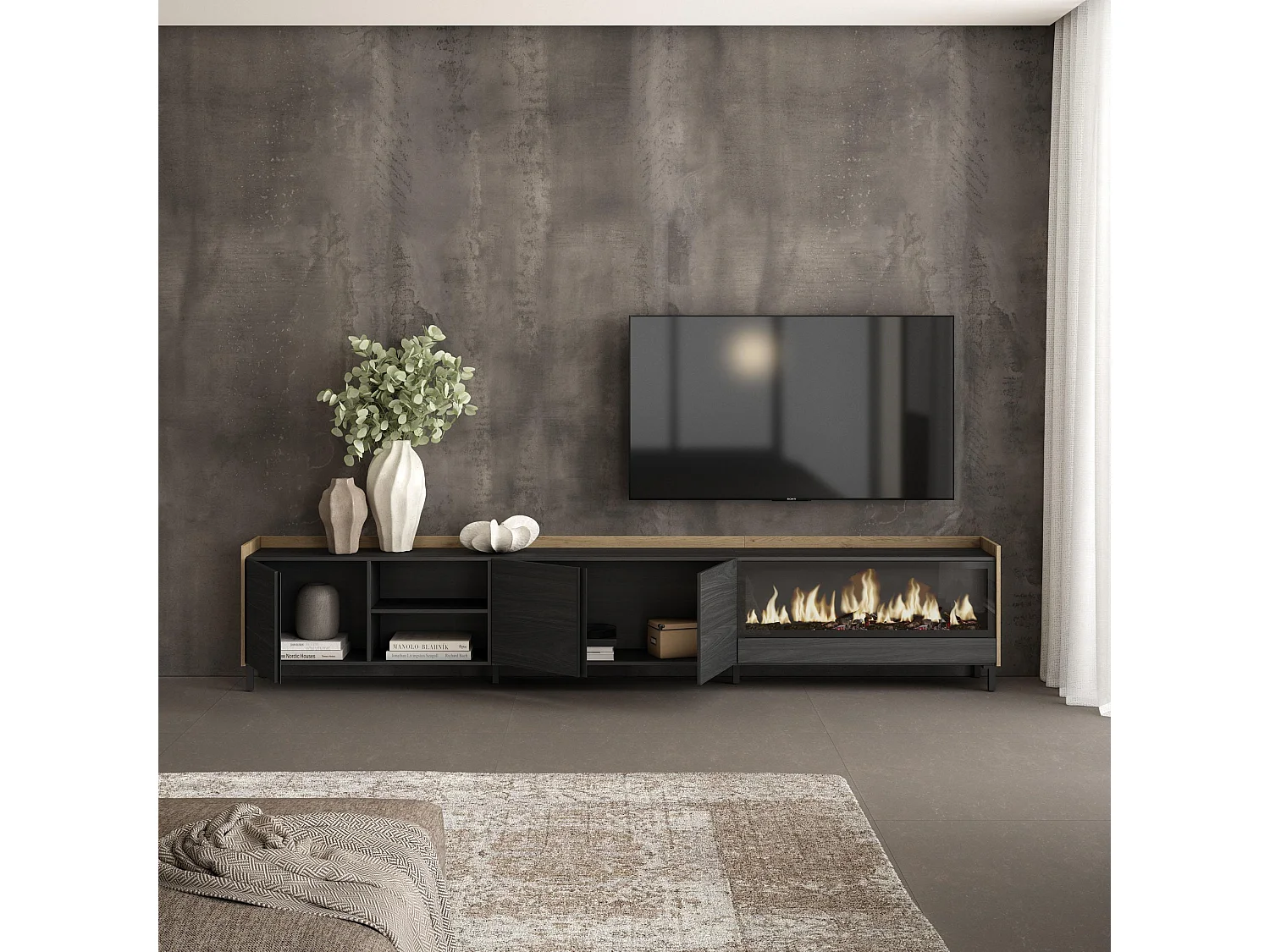TV-Schrank, Lowboard, 315x61x35 cm, Für TV-Geräte bis zu 80", Elektrokamin XXL, Industriedesign, Schwarz Eiche