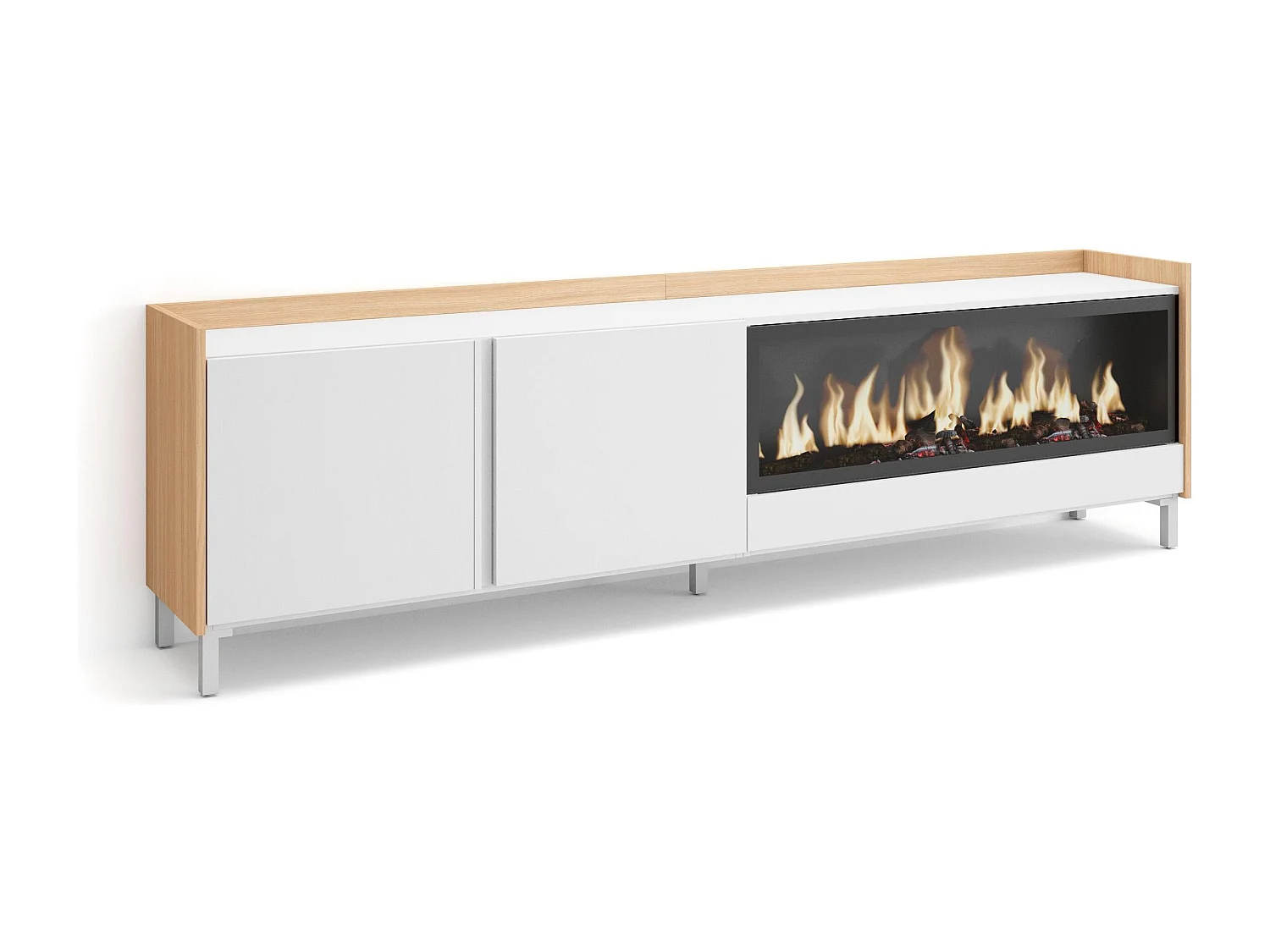 Meuble TV, Banc Télé, 212x61x35 cm, Pour les TV jusqu'à 80", Cheminée électrique XXL, Design industriel, Blanc et Chêne Soft