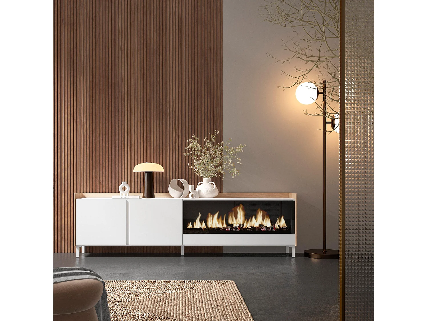 Meuble TV, Banc Télé, 212x61x35 cm, Pour les TV jusqu'à 80", Cheminée électrique XXL, Design industriel, Blanc et Chêne Soft