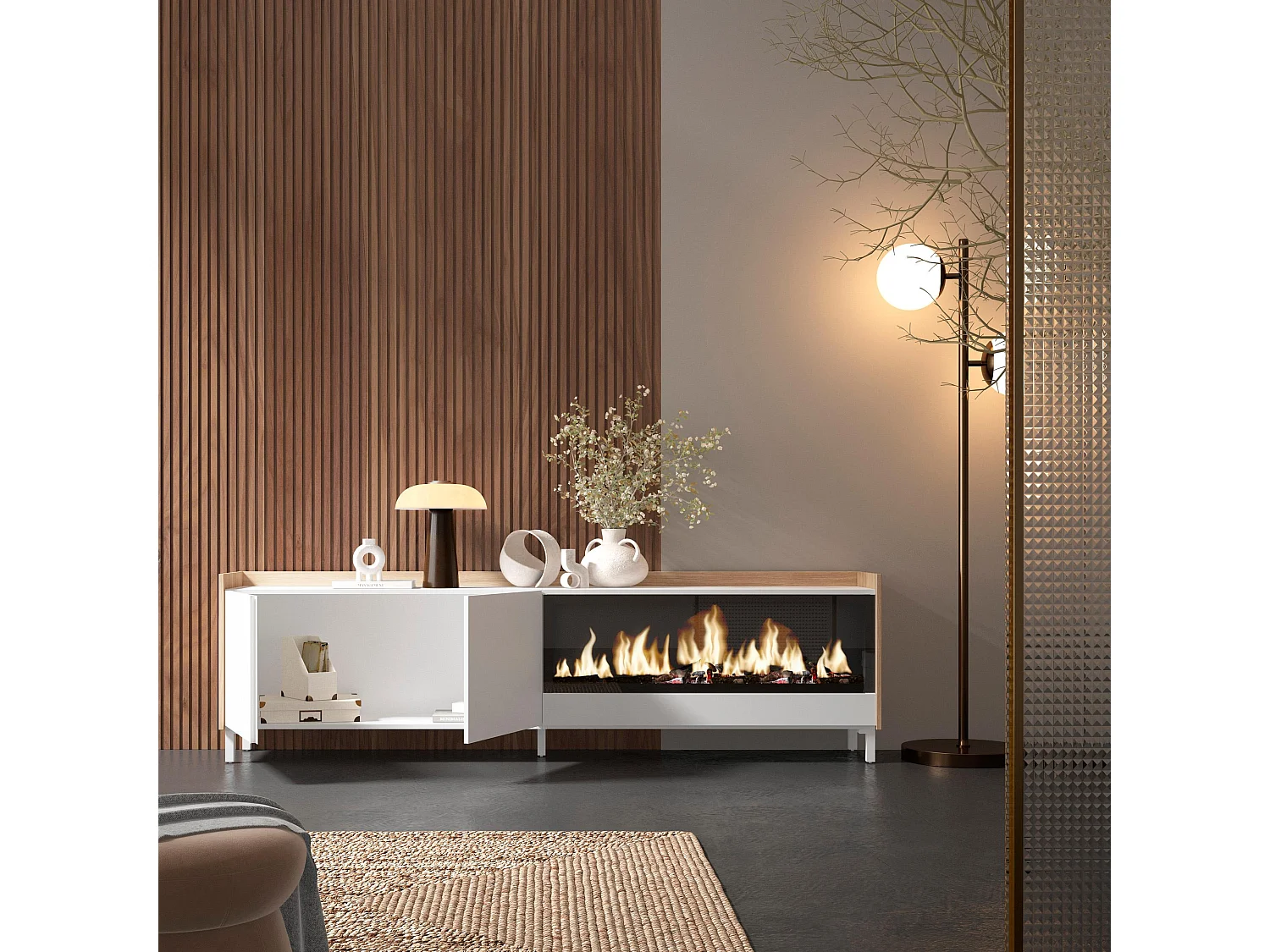 Meuble TV, Banc Télé, 212x61x35 cm, Pour les TV jusqu'à 80", Cheminée électrique XXL, Design industriel, Blanc et Chêne Soft
