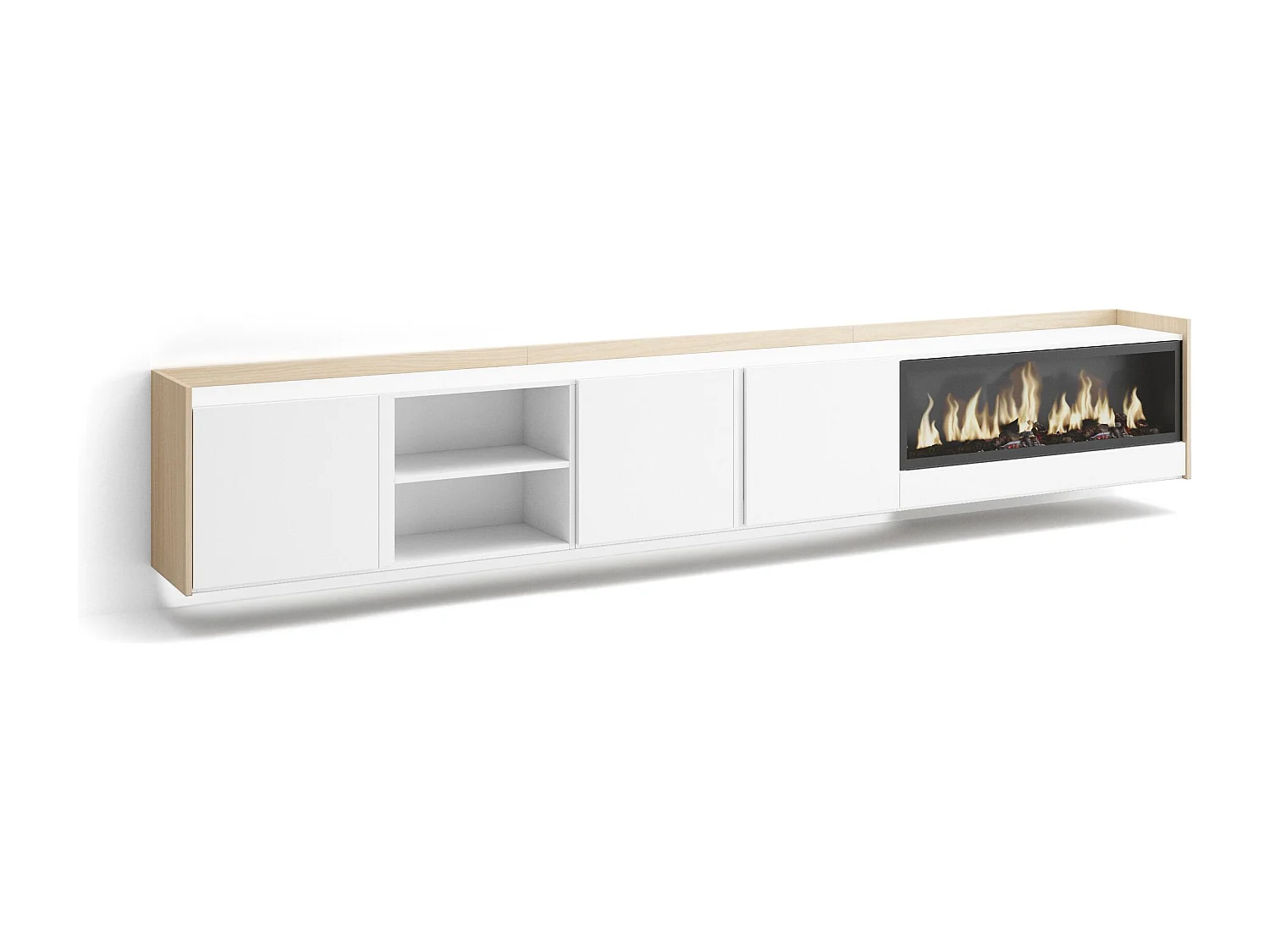 TV-Schrank, Lowboard, 315x50x35 cm, Für TV-Geräte bis zu 80", Elektrokamin XXL, Hängend, LED, Weiß und Eiche Soft