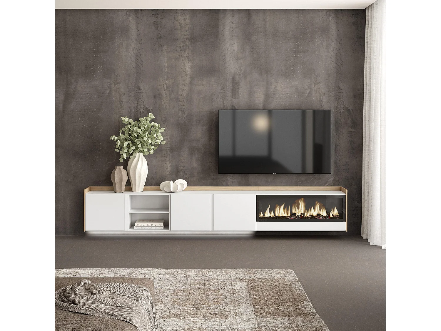 TV-Schrank, Lowboard, 315x50x35 cm, Für TV-Geräte bis zu 80", Elektrokamin XXL, Hängend, LED, Weiß und Eiche Soft