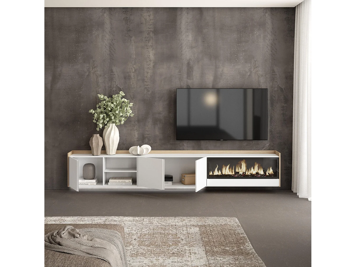 TV-Schrank, Lowboard, 315x50x35 cm, Für TV-Geräte bis zu 80", Elektrokamin XXL, Hängend, LED, Weiß und Eiche Soft