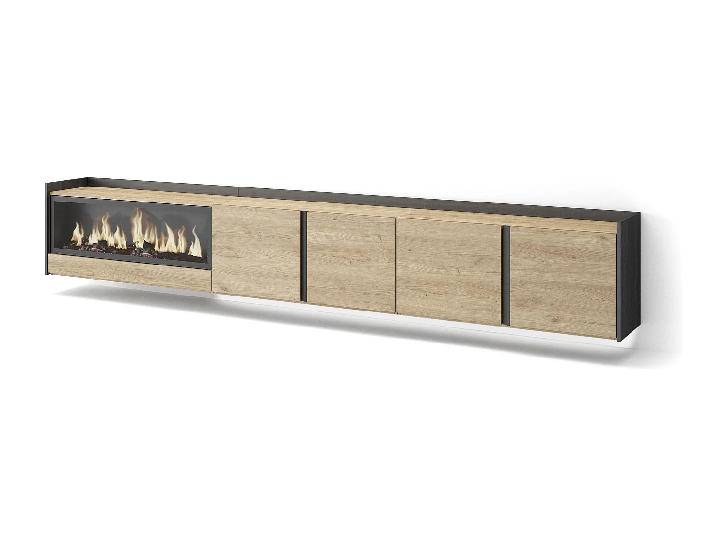 TV-Meubel, Lowboard, 315x50x35 cm, Voor tv's tot 80", Elektrische haard XXL, Hangend, LED, Eiken/Zwart