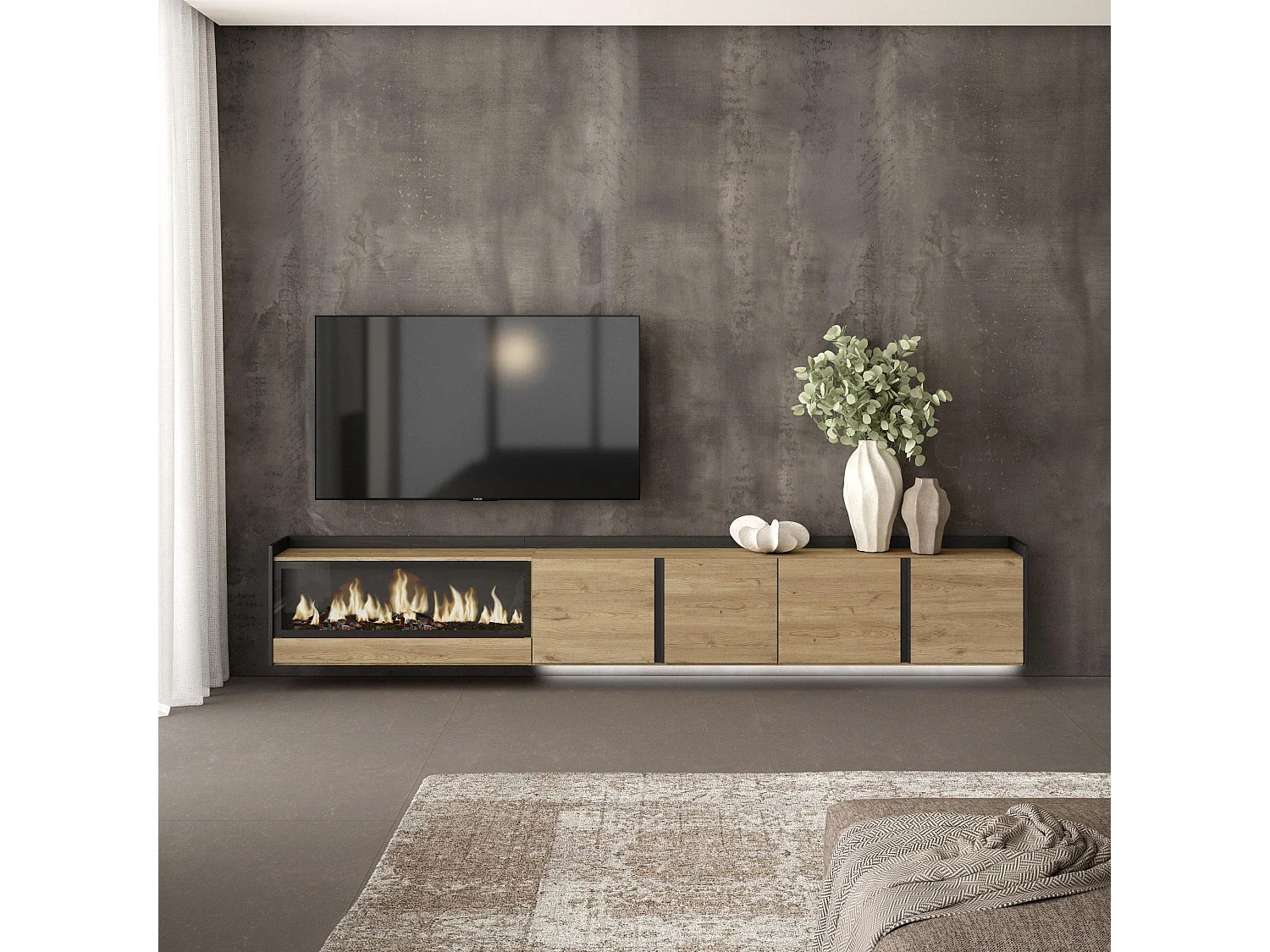 TV-Meubel, Lowboard, 315x50x35 cm, Voor tv's tot 80", Elektrische haard XXL, Hangend, LED, Eiken/Zwart