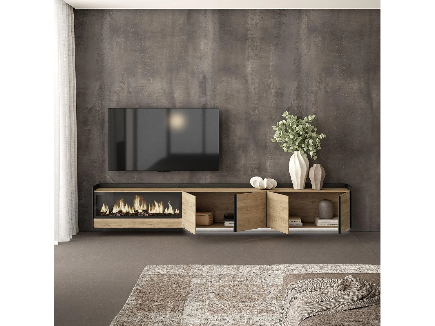 TV-Meubel, Lowboard, 315x50x35 cm, Voor tv's tot 80", Elektrische haard XXL, Hangend, LED, Eiken/Zwart