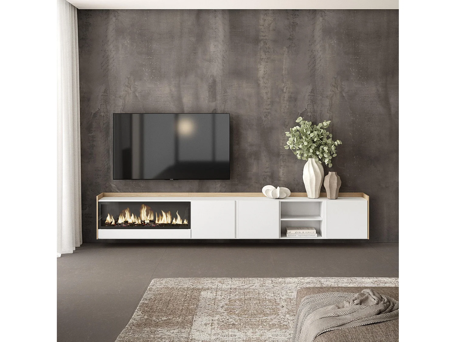 Móvel de TV, 315x50x35 cm, Para televisores até 80", Lareira eléctrica XXL, Suspensos, Branco e Carvalho soft