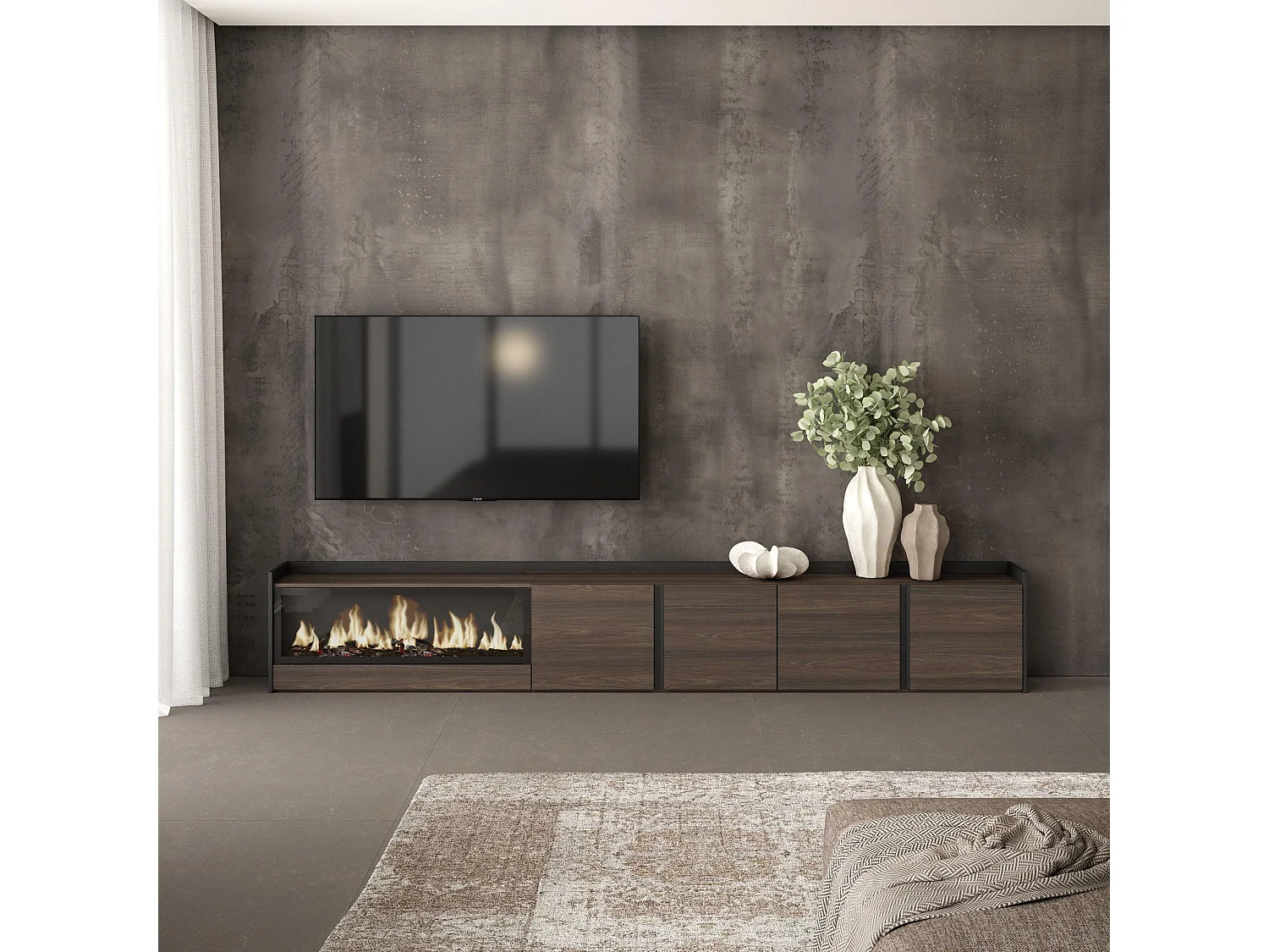 Móvel de TV, 315x50x35 cm, Para televisores até 80", Lareira eléctrica XXL, Carvalho escuro e Preto